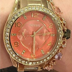 Fossil Rose Gold-Tone Watch with Coral Pink Dial and Crystal Bezel